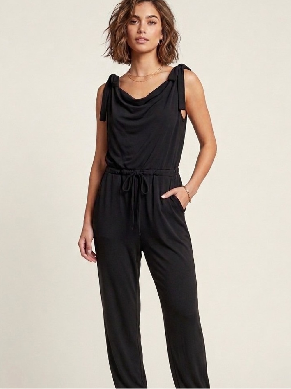 Kori Black Tie-Shoulder Draped Jumpsuit